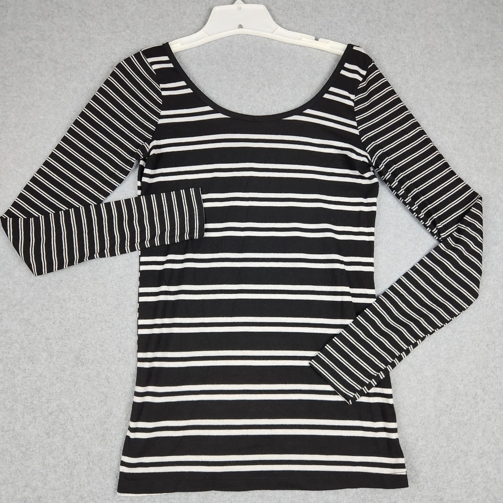 Poof Long Sleeve Shirt Womens Small Black White Striped Scoop Neck Casual Top